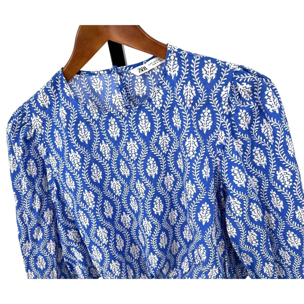 ZARA Oversized Crop Top Blue Cotton Drawstring Long Ballon Sleeves Women's Small